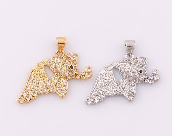 1 pcs Gold CZ Fish Pendant,18K Gold Filled Fish Charm,Fish Charm DIY Bracelet Necklace Jewelry Making Findings Supply