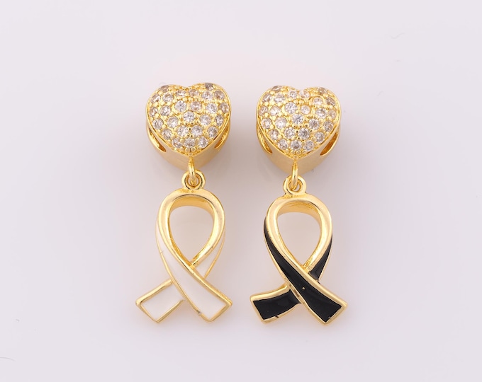Gold Enamel Breast Cancer Awareness Silk Ribbon Pendant,18K Gold Filled CZ Symbol Charm DIY Bracelet Necklace Jewelry Making Findings Supply