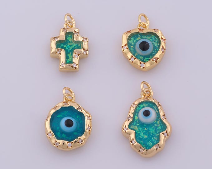 1 pcs Enamel Heart Cross Pendant,18K Gold Filled Hamsa Charm,CZ Round Evil Eye Charms DIY Bracelet Necklace Jewelry Making Findings Supply