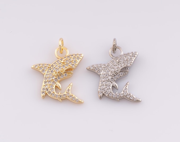 1 pcs Gold CZ Shark Pendant,18K Gold Filled Marine Life Charm,Shark Charms,DIY Bracelet Necklace Jewelry Making Findings Supply