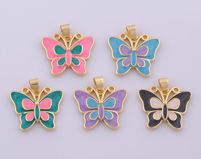 1 pcs Gold Enamel Butterfly Pendant,18K Gold Filled Insect Charm,Butterfly Charms DIY Bracelet Necklace Jewelry Making Findings Supply