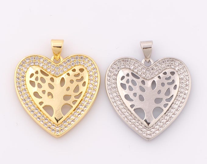 1 pcs Gold CZ Heart Pendant,18K Gold Filled Tree of Life Charm,Heart Charm DIY Bracelet Necklace Jewelry Making Findings Supply