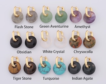 1 pair Gold Natural Stone Earrings,18K Gold Filled Huggie Hoop Earrings,Round Earrings,Hypoallergenic Huggie Hoop,Gift for Her