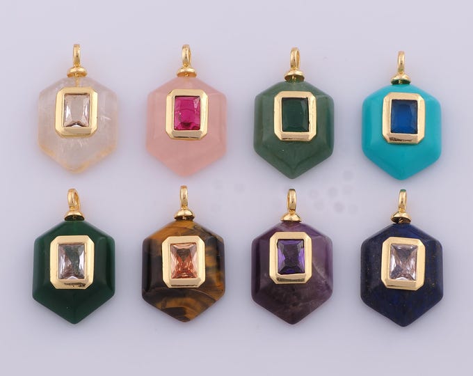 1 pcs CZ Natural Stone Pendant,18K Gold Filled Energy Stone Charm,Hexagonal Stone Charms DIY Bracelet Necklace Jewelry Making Finding Supply