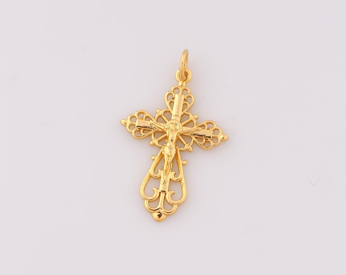 1 pcs Gold Cross Pendant,18K Gold Filled Christian Charm,Victim Charms,DIY Bracelet Necklace Jewelry Making Findings Supply