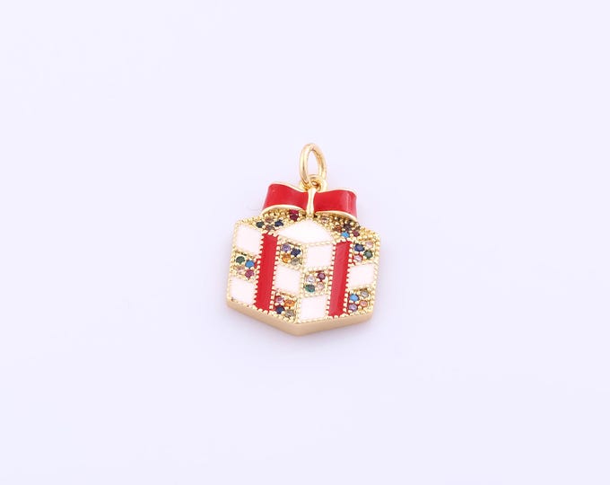 1 pcs Gold Enamel Gift Box Pendant,18K Gold Filled Christmas Charm,CZ Gift Box Charm DIY Bracelet Necklace Jewelry Making Findings Supply