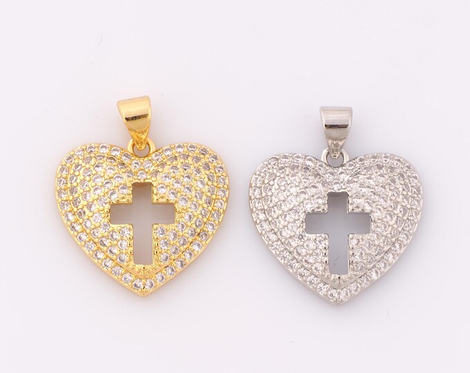 1 pcs Gold CZ Cross Pendant,18K Gold Filled Heart Charm,Christian Charm DIY Bracelet Necklace Jewelry Making Findings Supply