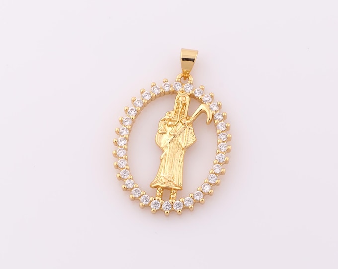 1pcs Gold CZ Santa Muerte Pendant,18K Gold Filled Santa Muerte Charm,Santa Muerte Charm DIY Bracelet Necklace Jewelry Making Findings Supply