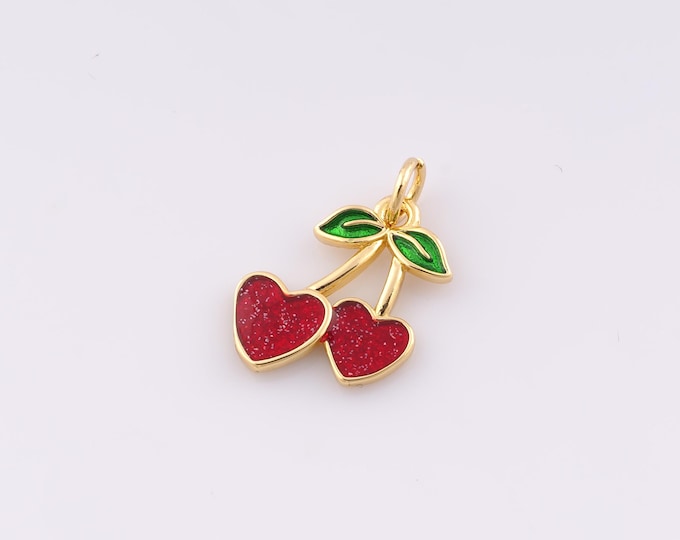 1 pcs Gold Enamel Cherry Pendant,18K Gold Filled Fruit Charm Heart Charms,DIY Bracelet Necklace Jewelry Making Findings Supply
