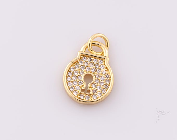 1 pcs Gold CZ Lock Pendant,18K Gold Filled Round Charm,Lock Charm DIY Bracelet Necklace Jewelry Making Findings Supply