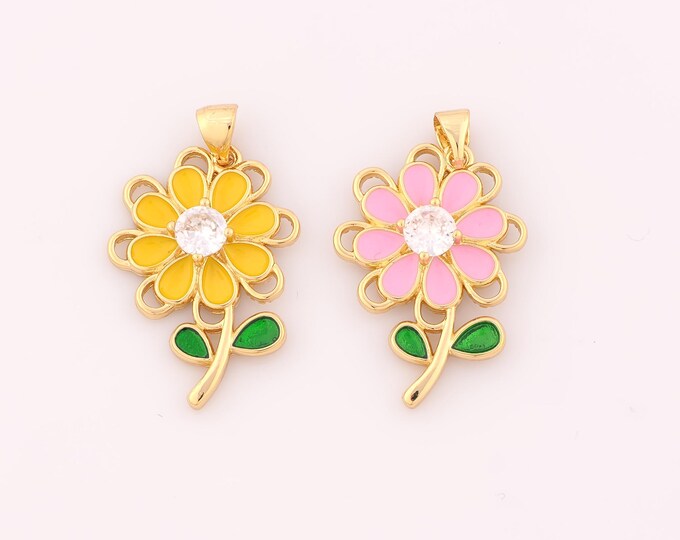 1 pcs Gold CZ Flower Pendant,18K Gold Filled Flower Charm,Enamel Flower Charms DIY Bracelet Necklace Jewelry Making Findings Supply