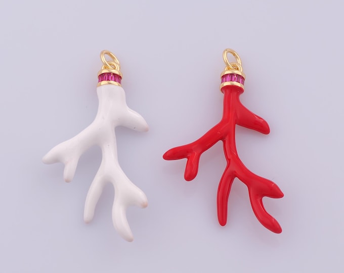 1 pcs Gold Enamel Coral Pendant,18K Gold Filled Coral Charm,CZ Coral Charms DIY Bracelet Necklace Jewelry Making Findings Supply