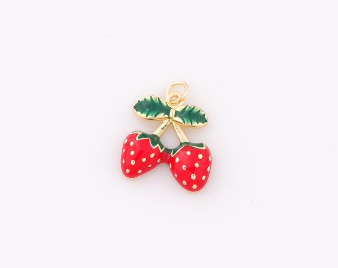 1 pcs Gold Enamel Cherry Pendant,18K Gold Filled Fruit Charm Strawberry Charms,DIY Bracelet Necklace Jewelry Making Findings Supply