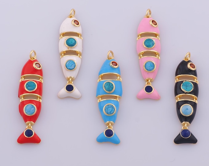 1 pcs Gold Enamel Fish Pendant,18K Gold Filled Marine Life Charm,CZ Fish Charms DIY Bracelet Necklace Jewelry Making Findings Supply