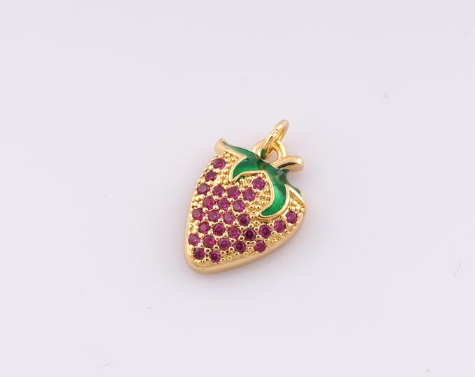 1 pcs Gold CZ Strawberry Pendant,18K Gold Filled Fruit Charm Strawberry Charms,DIY Bracelet Necklace Jewelry Making Findings Supply