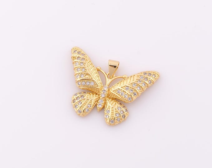 1 pcs Gold CZ Butterfly Pendant,18K Gold Filled Butterfly Charm,Butterfly Charm DIY Bracelet Necklace Jewelry Making Findings Supply