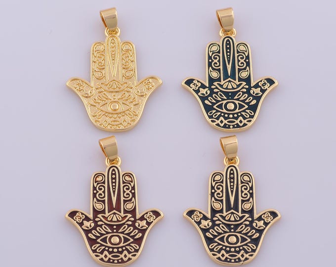 1 pcs Gold Enamel Hamsa Pendant,18K Gold Filled Fatima Charm,Hamsa Hand Charms DIY Bracelet Necklace Jewelry Making Findings Supply