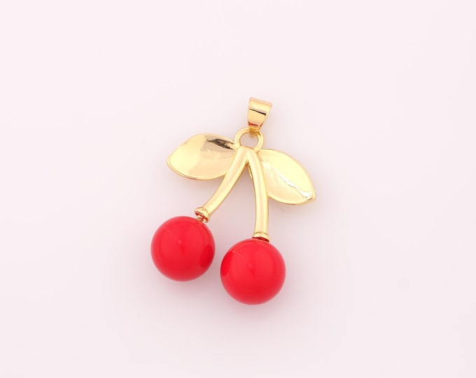 1 pcs Gold Enamel Cherry Pendant,18K Gold Filled Fruit Charm,Cherry Charms DIY Bracelet Necklace Jewelry Making Findings Supply