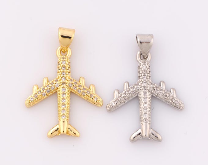 1 pcs Gold CZ Airplane Pendant,18K Gold Filled Airplane Charm,Airplane Charm DIY Bracelet Necklace Jewelry Making Findings Supply
