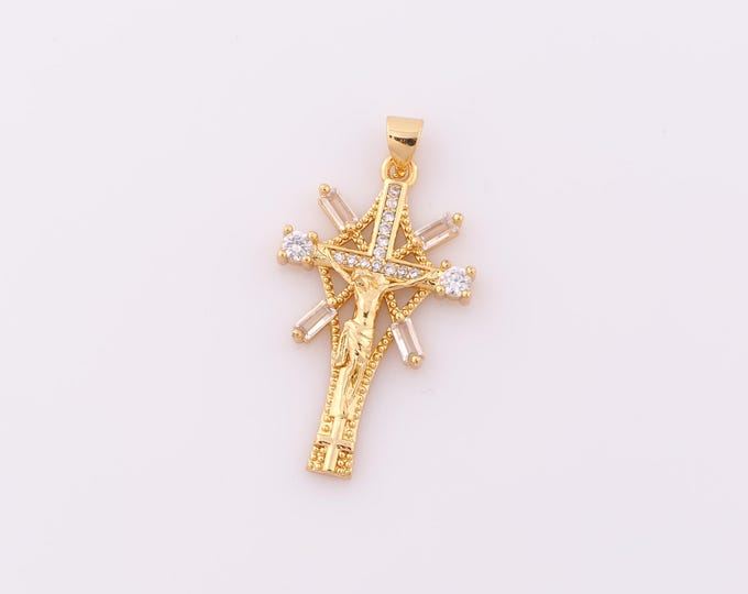 1 pcs Gold CZ Cross Pendant,18K Gold Filled Religion Charm,Victim Charm DIY Bracelet Necklace Jewelry Making Findings Supply