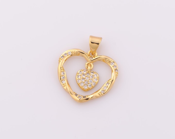 1 pcs Gold CZ Heart Pendant,18K Gold Filled Heart Charm,Heart Charm DIY Bracelet Necklace Jewelry Making Findings Supply