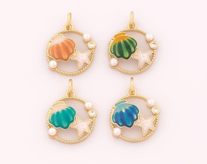 1 pcs Gold Enamel Shell Pendant,18K Gold Filled Starfish Charm,CZ Shell Charms DIY Bracelet Necklace Jewelry Making Findings Supply