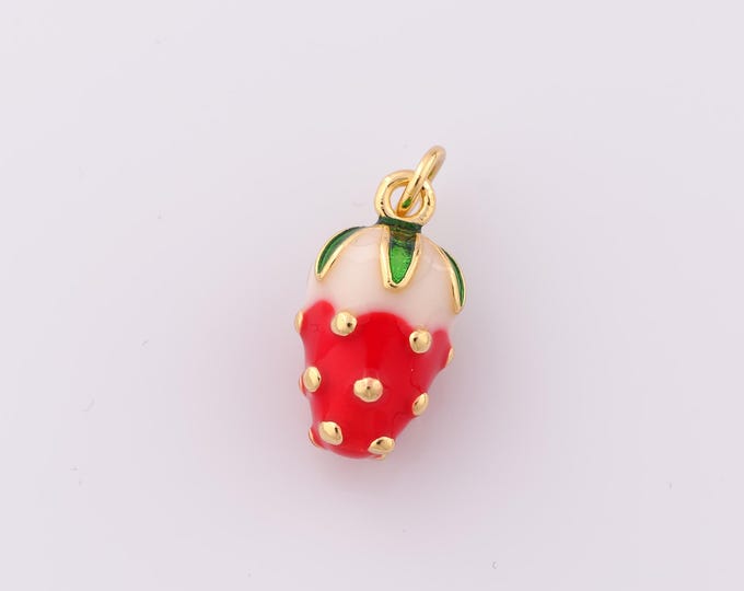 1 pcs Gold Enamel Strawberry Pendant,18K Gold Filled Strawberry Charm,Strawberry Charm DIY Bracelet Necklace Jewelry Making Findings Supply