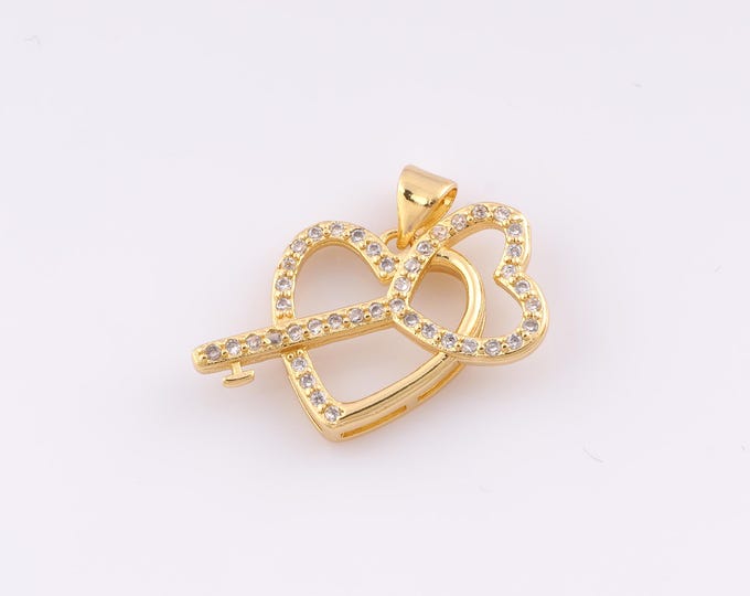 1 pcs Gold CZ Heart Pendant,18K Gold Filled Key Charm Cupid Charms,DIY Bracelet Necklace Jewelry Making Findings Supply