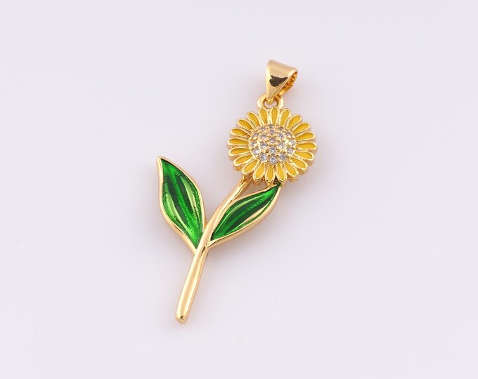 1 pcs Gold Enamel Sunflower Pendant,18K Gold Filled CZ Flower Charm Plant Charms,DIY Bracelet Necklace Jewelry Making Findings Supply