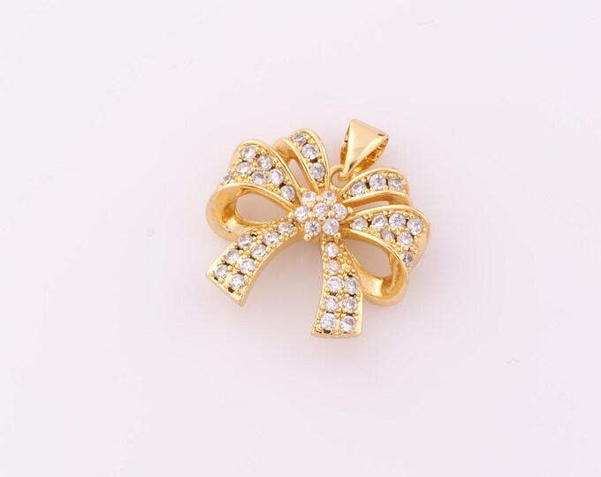 1 pcs Gold CZ Bow Pendant,18K Gold Filled Bow Charm,Bow Charm DIY Bracelet Necklace Jewelry Making Findings Supply