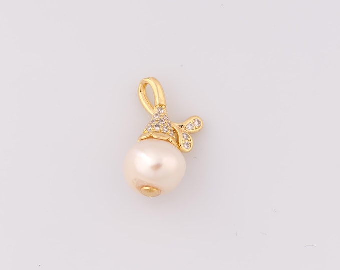 Gold CZ Open Bail Ringed White Freshwater Pearl Pendant,18K Gold Filled Pearl Charm,DIY Bracelet Necklace Jewelry Making Findings Supply