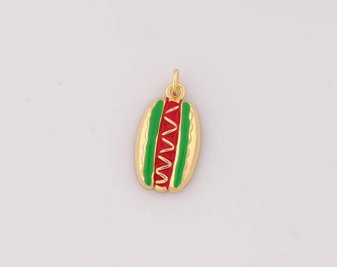 1 pcs Gold Enamel Hot Dog Pendant,18K Gold Filled Hot Dog Charm Hot Dog Charms,DIY Bracelet Necklace Jewelry Making Findings Supply