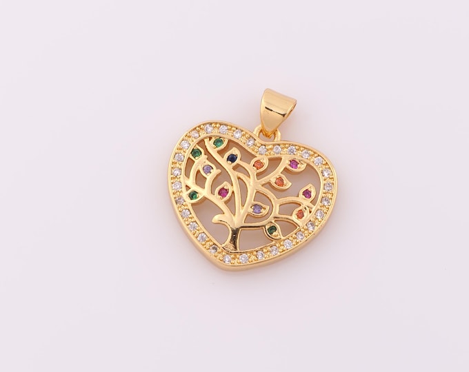 1 pcs Gold CZ Heart Pendant,18K Gold Filled Tree of Life Charm,Heart Charm DIY Bracelet Necklace Jewelry Making Findings Supply