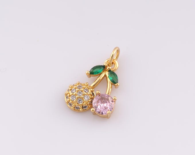 1 pcs Gold CZ Cherry Pendant,18K Gold Filled Fruit Charm Cherry Charms,DIY Bracelet Necklace Jewelry Making Findings Supply
