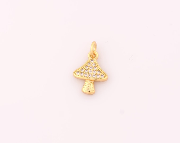 1 pcs Gold Mushroom Pendant,18K Gold Filled Mushroom Charm,CZ Mushroom Charms DIY Bracelet Necklace Jewelry Making Findings Supply