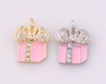 Gold CZ Gift Box Pendant,18K Gold Filled Christmas Christmas Charm,Enamel Gift Box Charm DIY Bracelet Necklace Jewelry Making Finding Supply