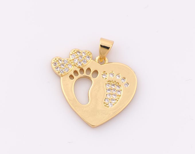 1 pcs Gold CZ Heart Pendant,18K Gold Filled Foot Charm,Minimalist Charm DIY Bracelet Necklace Jewelry Making Findings Supply