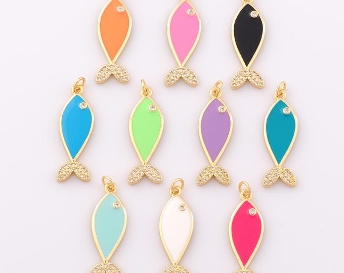 1 pcs Gold Enamel Fish Pendant,18K Gold Filled Fish Charm,CZ Fish Charm DIY Bracelet Necklace Jewelry Making Findings Supply