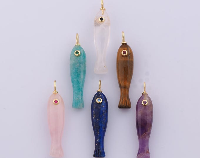 1 pcs Gold CZ Natural Stone Pendant,18K Gold Filled Energy Stone Charm,Fish Stone Charms DIY Necklace Jewelry Making Findings Supply