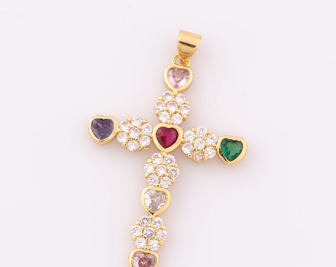 1 pcs Gold CZ Cross Pendant,18K Gold Filled Religious Charm,Heart Charm DIY Bracelet Necklace Jewelry Making Findings Supply