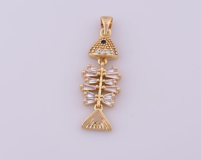 1 pcs Gold CZ Fishbone Pendant,18K Gold Filled Fishbone Charm,Fishbone Charms DIY Bracelet Necklace Jewelry Making Findings Supply