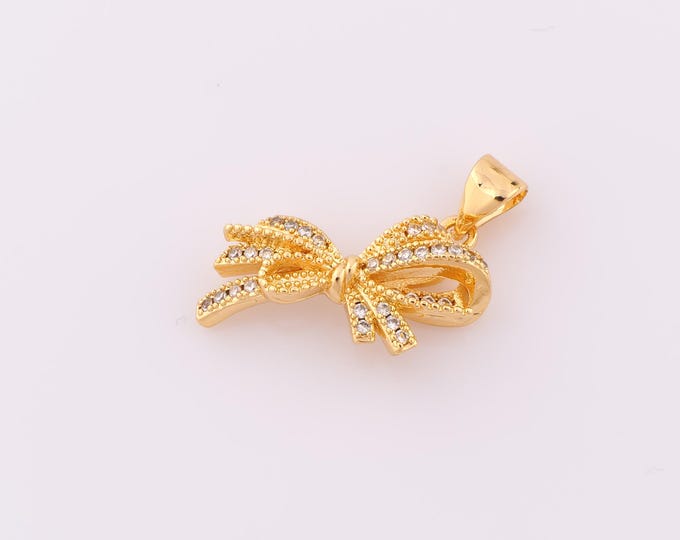 1 pcs Gold CZ Bow Pendant,18K Gold Filled Bow Charm,Bow Charm DIY Bracelet Necklace Jewelry Making Findings Supply