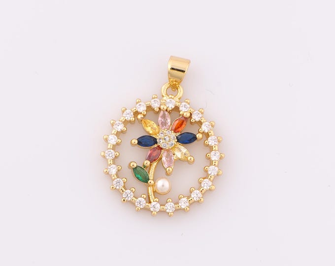 1 pcs Gold CZ Flower Pendant,18K Gold Filled Flower Charm,Flower Charm DIY Bracelet Necklace Jewelry Making Findings Supply