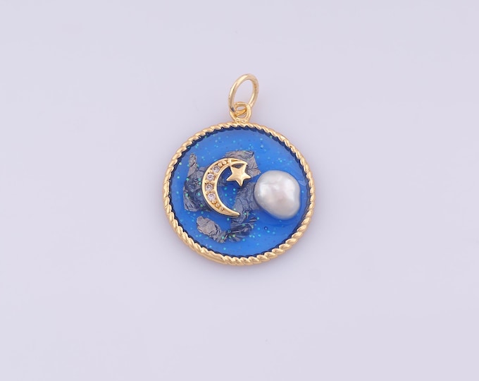 1 pcs Gold CZ Moon Star Pendant,18K Gold Filled Celestial Charm,Enamel Round Charms DIY Bracelet Necklace Jewelry Making Findings Supply