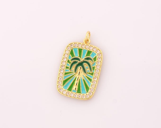 1 pcs Gold Enamel Coconut Tree Pendant,18K Gold Filled Tree Charm,CZ Tree Charms,DIY Bracelet Necklace Jewelry Making Findings Supply