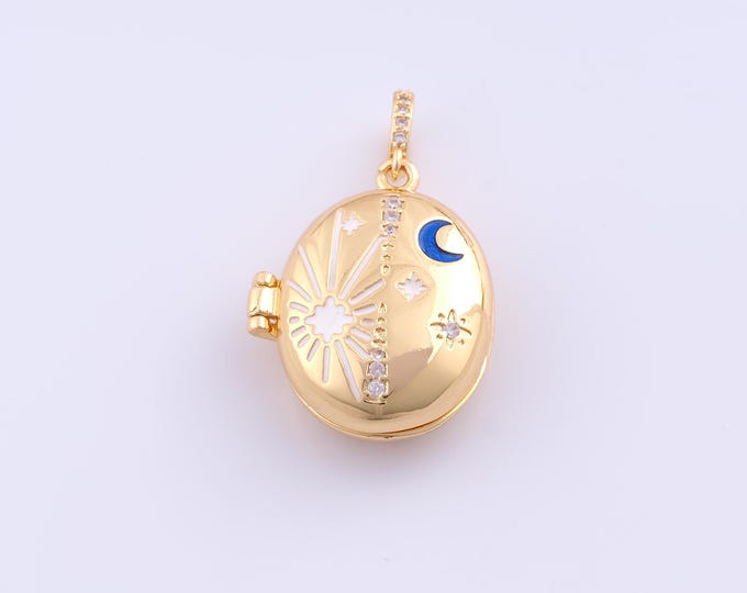 1 pcs Enamel Sun Moon Star Pendant,18K Gold Filled Photo Frame Charm,CZ Celestial Charms DIY Bracelet Necklace Jewelry Making Finding Supply