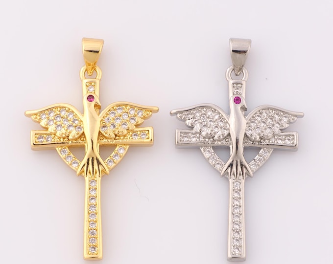 1 pcs Gold CZ Bird Pendant,18K Gold Filled Cross Charm,Christian Charm DIY Bracelet Necklace Jewelry Making Findings Supply