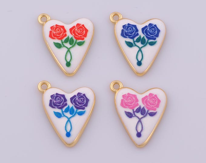 1 pcs Enamel Heart Pendant,18K Gold Filled Rose Flower Charm,Flower Charms DIY Necklace Jewelry Making Finding Supply