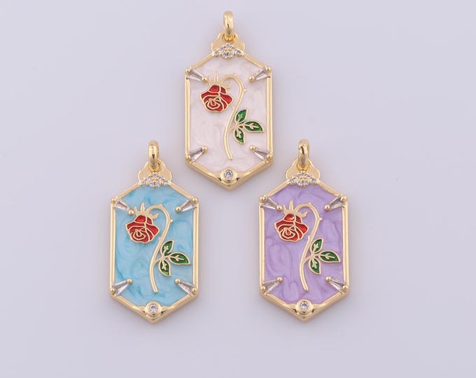 1 pcs Gold Enamel Red Rose Pendant,18K Gold Filled Flower Charm,CZ Rhombic Charms DIY Bracelet Necklace Jewelry Making Findings Supply