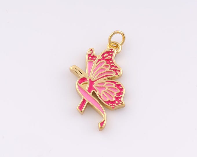 Gold Enamel Breast Cancer Awareness Silk Ribbon Pendant,18K Gold Filled Butterfly Charm DIY Bracelet Necklace Jewelry Making Findings Supply